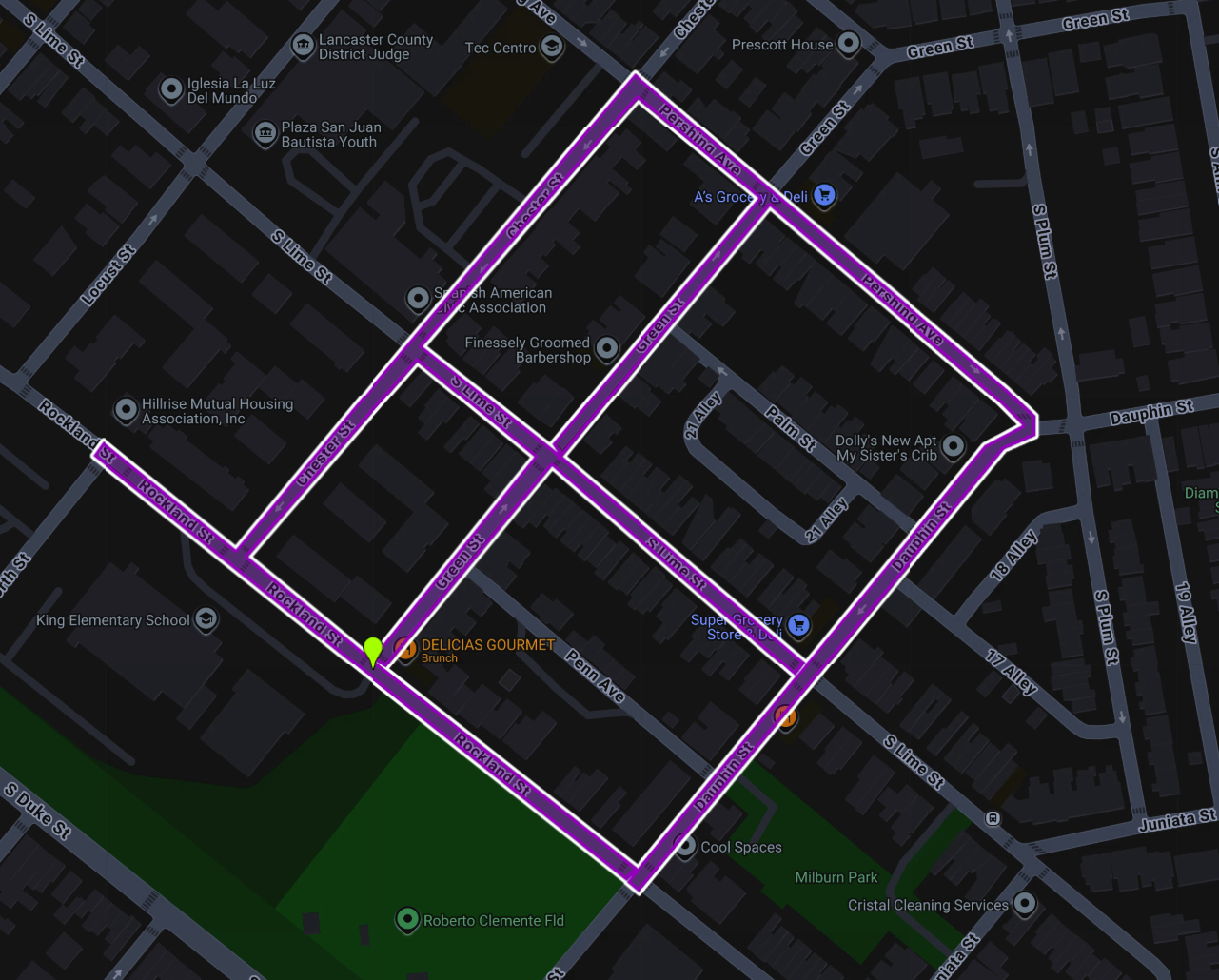 Neighborhood parking map highlighting Rockland, Green, Chester, South Lime, Pershing, and Dauphin streets in Lancaster
